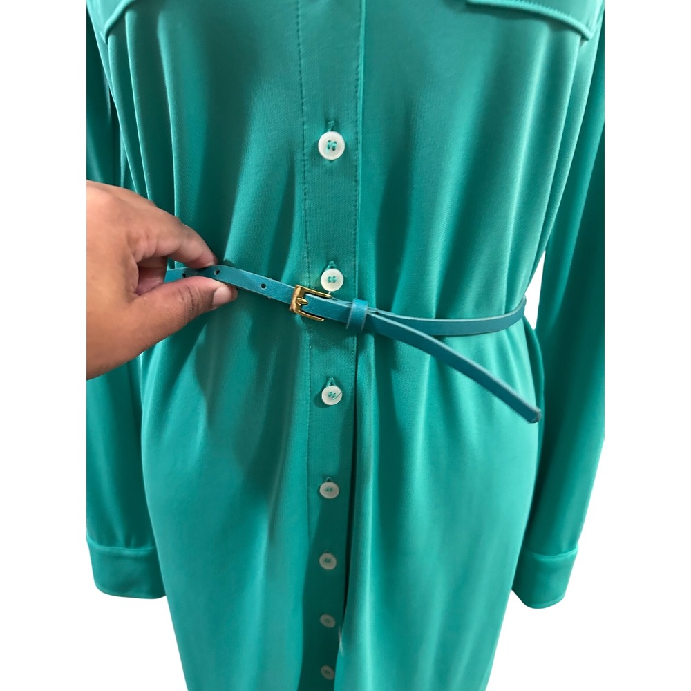 AK Turquoise Shirt Dress Button Front Long Sleeve Belted Pocket Detail Women's - Picture 4 of 5